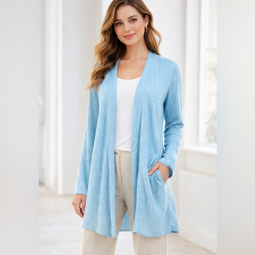 J Jill Open Front Cardigan Sweater Duster Long Linen light Blue‎ Medium M drape
